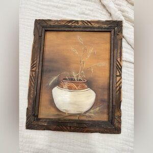 Vintage 1987 Southwestern Style Pottery Painting Signed "Nita" carved wood frame